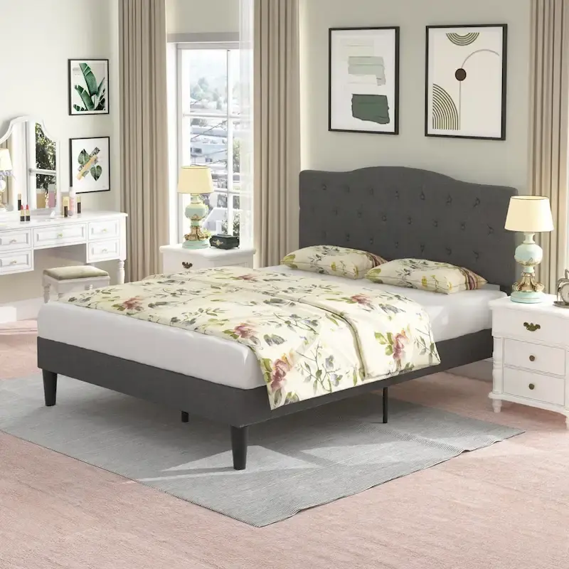 VECELO Modern Upholstered Bed with Height Adjustable Tufted Headboard ,Dark Grey