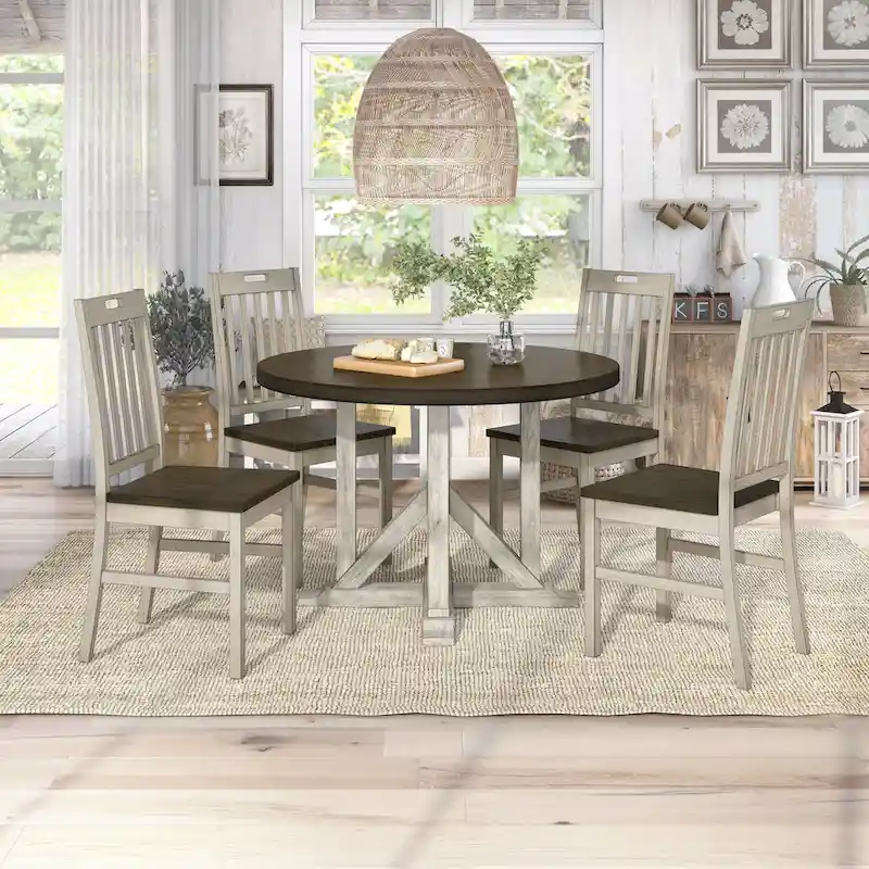 Derry Farmhouse Antique White and Dark Oak Solid Wood 5-Piece Dining Table Set by Furniture of America