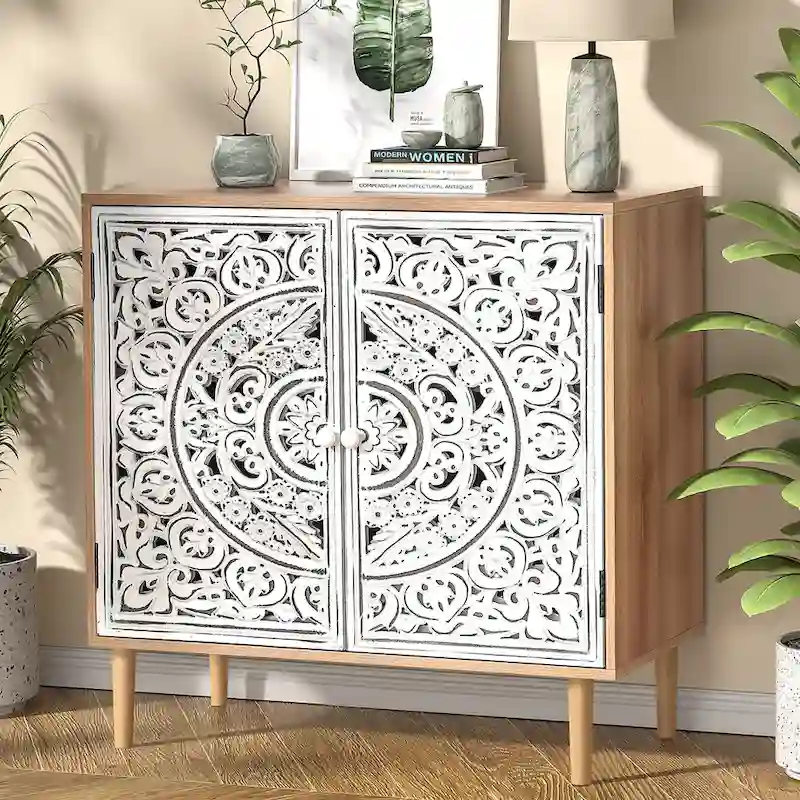 Anmytek 2-Door Hollow-Carved Wood Buffets and Sideboards Storage Cabinet for Living Room - 31.5W x 13.78D x 30.71H