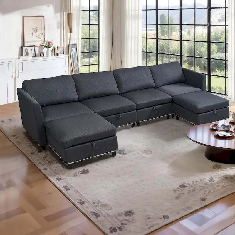 100 Spacious U-Shaped 6 Seater Sectional Sofa with Storage, Reversible Chaise and Comfortable Deep Cushions