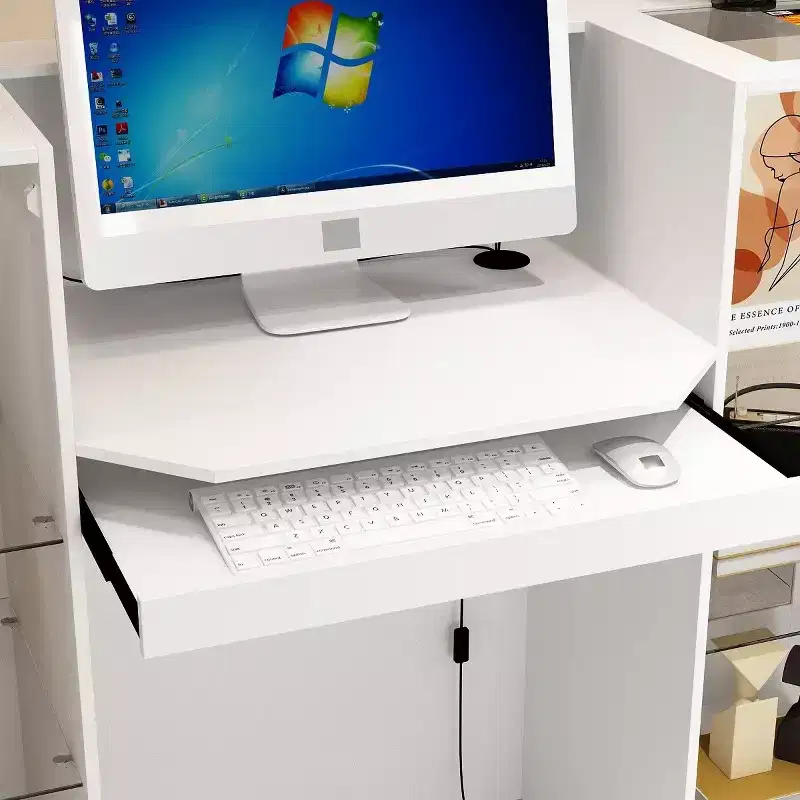 White Reception Desk Counter Table with Glass Display Shelves and LED