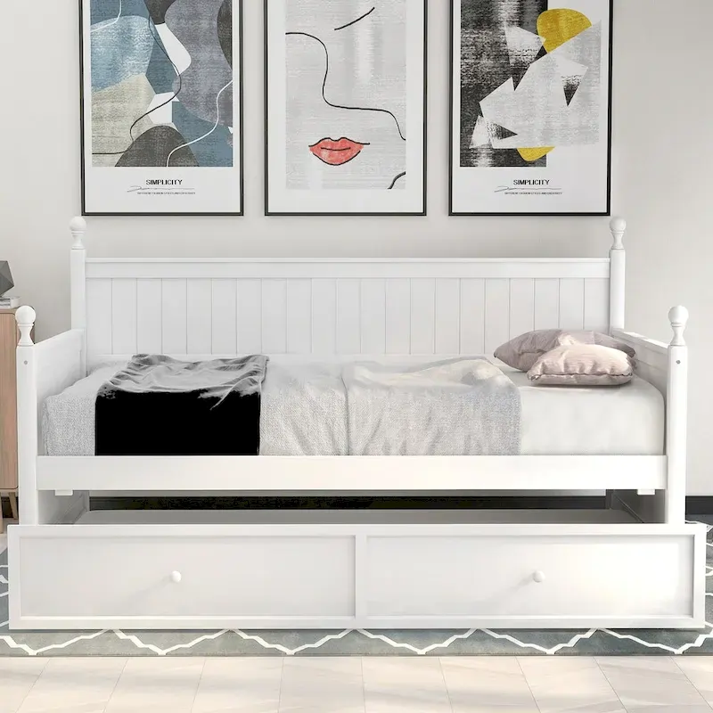 White+Trundle Modern Twin Size Daybed with Trundle & Hidden Storage