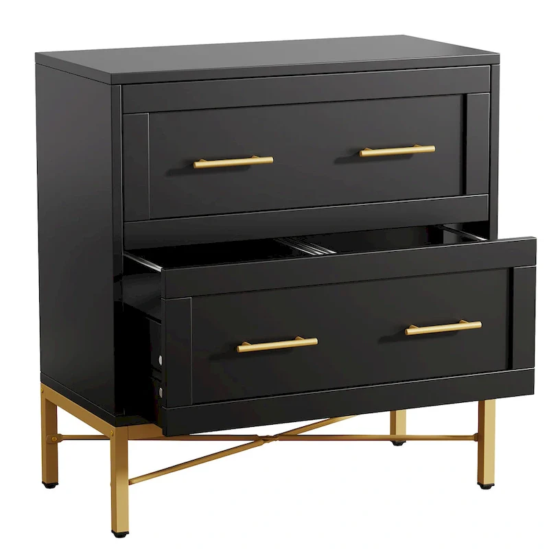 32 Inch File Cabinet, Modern 2 Drawer Lateral Filing Cabinet for Letter/Legal/A4 Size, for Home Office, White Gold