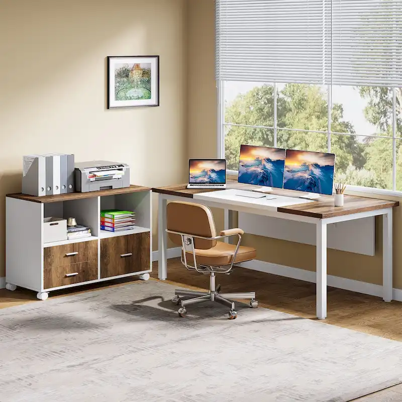 L-shaped Executive Computer Desk and al File Cabinet,63-inch Home Office Desk , ,Credenza Desk Set