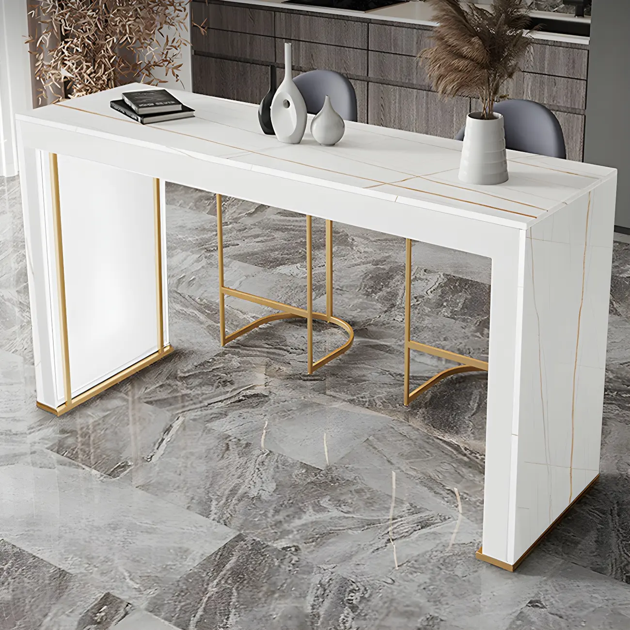 Modern White Stone Top Wood Dual-Pedestal Bar Tables