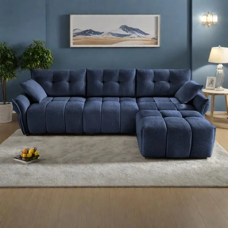 110.2 Chenille 3-Seater Sofa Set with Ottoman and Pillows, Solid Wood Frame and High-Resilience Cushions