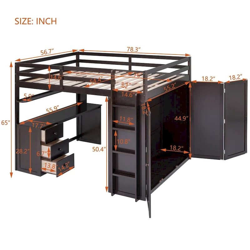 Full Loft Bed with Drawers, Desk, Wardrobe, and Guardrails