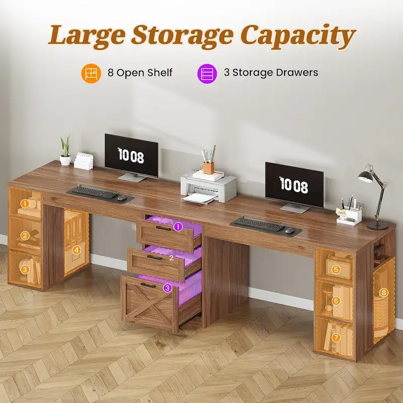 96.5 Computer Desk 3 Drawers Home Office Desk 8 Open Shelves