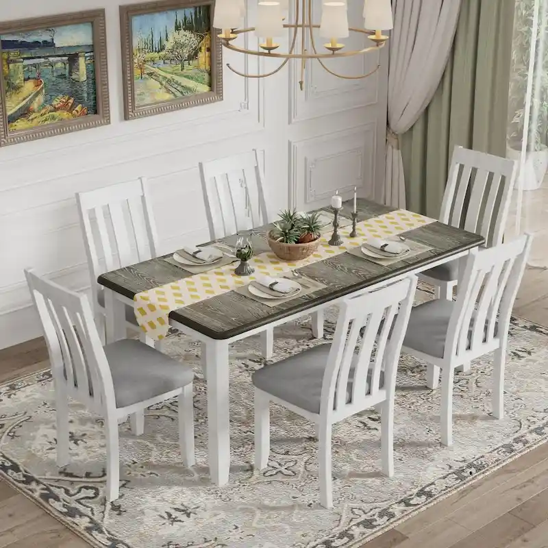 7-Piece Dining Table Set with Extendable Table and 6 Upholstered Chairs