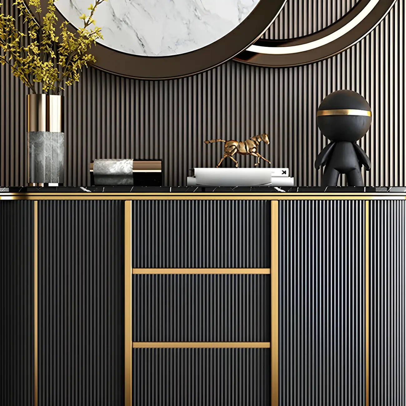 Luxury Curved Wooden Buffet Table with Drawers in Dark Gray