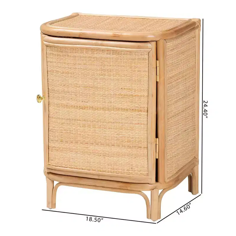 Natural Rattan Nightstand, Brown, Single Door with 2 Shelves