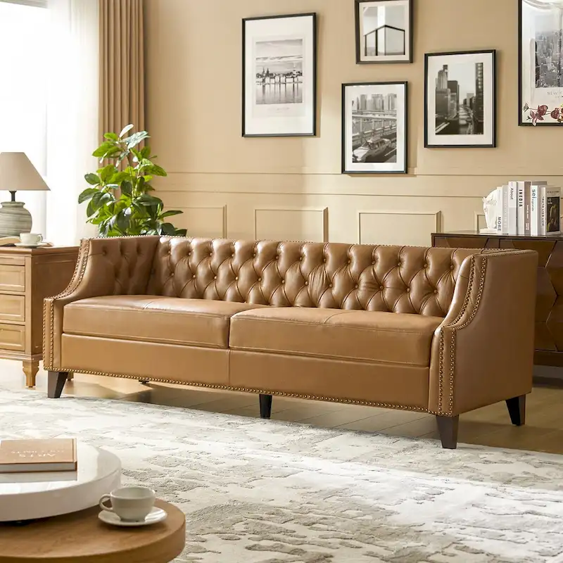Eugne Transitional Genuine Leather Tufted Design Sofa with Solid Wood Legs by HULALA HOME