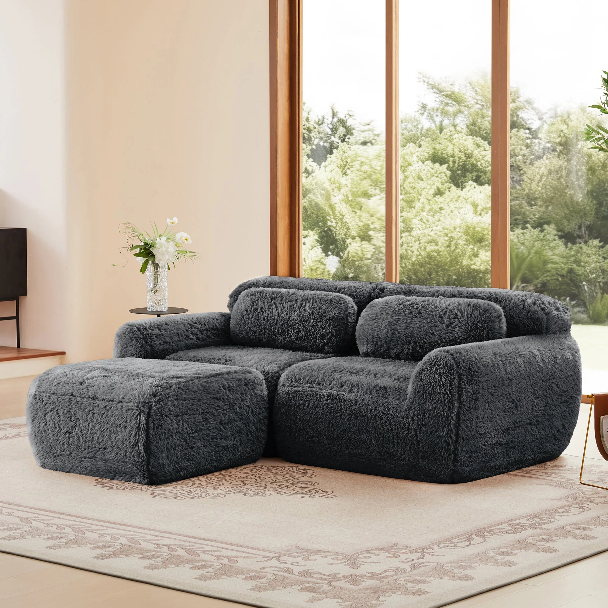 Soft Teddy Plush Ergonomic Design L-shaped Loveseat Sofa with Ottoman
