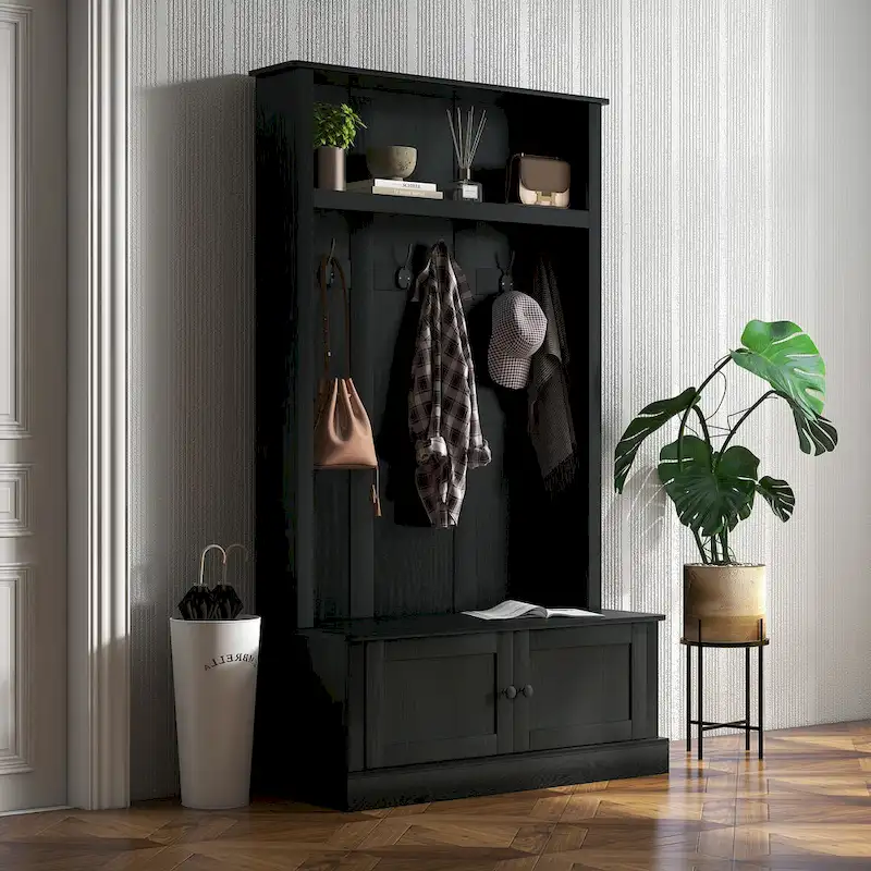 Freestanding Hall Tree, Entryway Bench with Coat Rack, Shoe Cabinet and Top Shelf