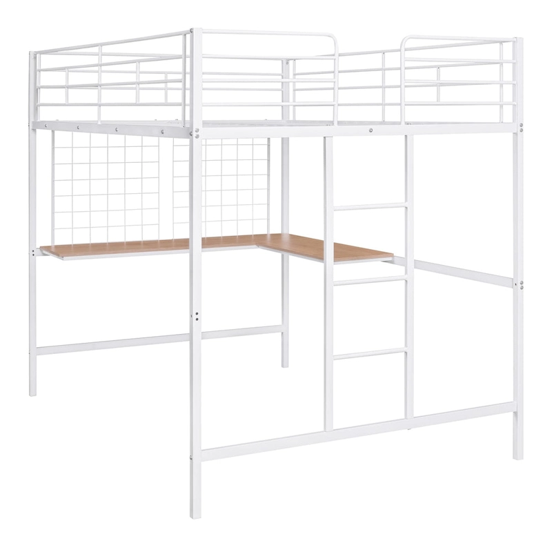 Full Metal Loft Bed with Desk and Metal Grid, Black