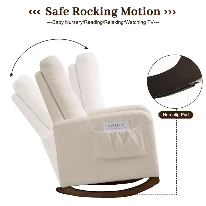 Upholstered Rocking Chair, Modern Wingback Accent Rocking Chair, Comfy Accent Armchair Chair, Rubber Wood Legs, High Backrest and Side Pocket