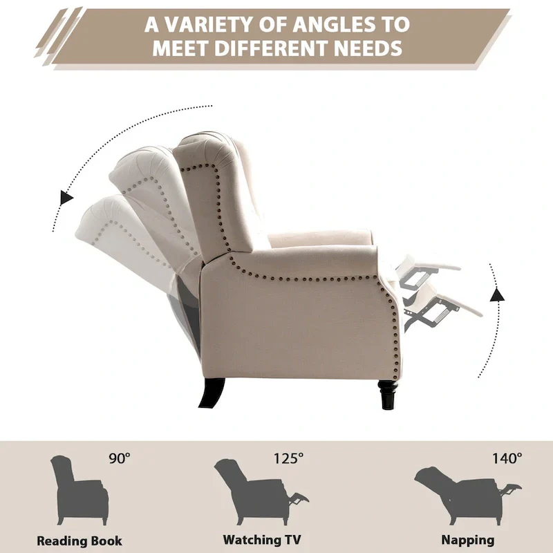 Push Back Recliner with Tufted Back and Wooden Legs