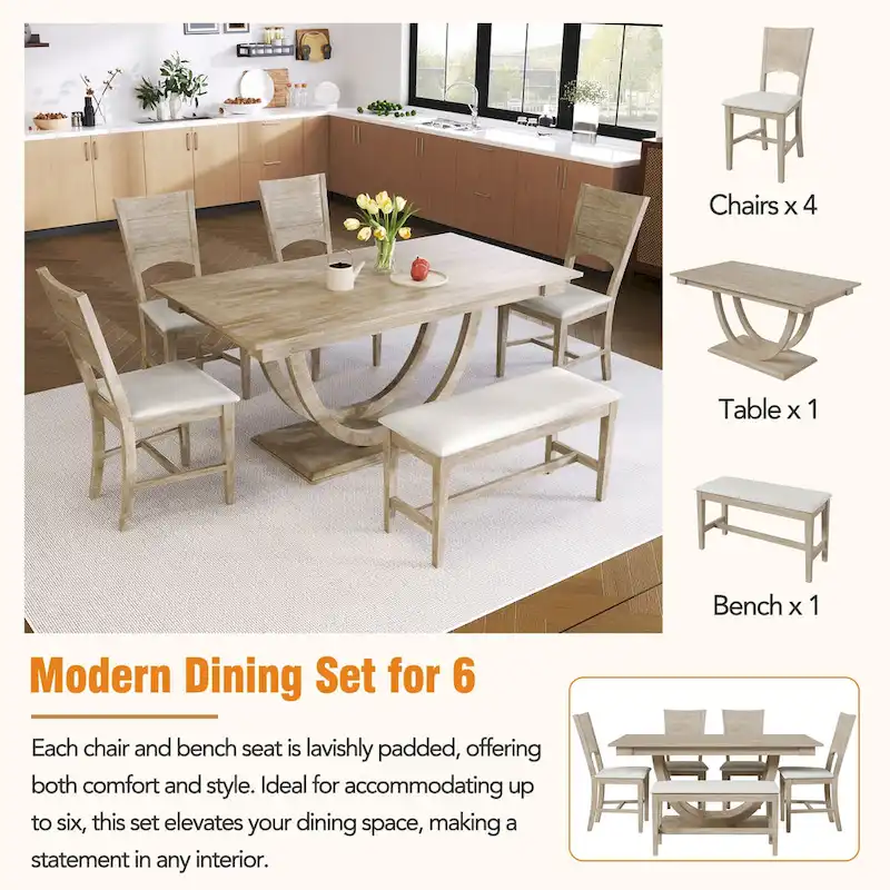 6-Piece Wooden Dining Table Set with Rectangular Table & 4 Chairs