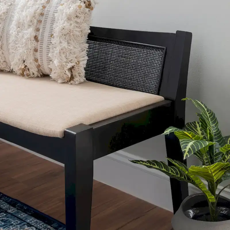Solid Wood Cane Bench with Cushioned Seat