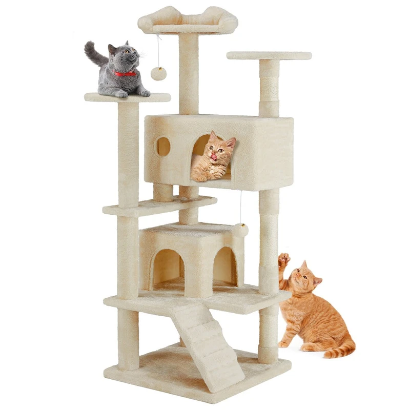 54in Cat Tree, Indoor Cat High-rise Multi-story Tower, Pet Playroom With Large Apartment