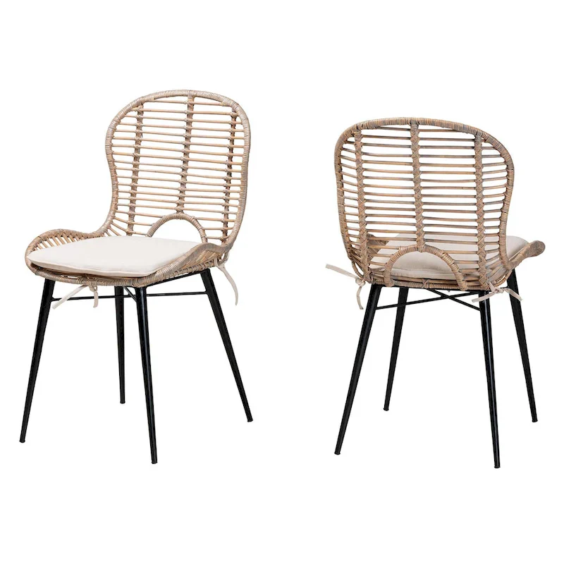 Modern Bohemian Rattan and Metal 2-Piece Dining Chair Set