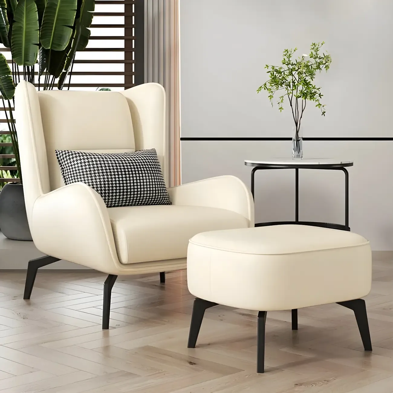 Modern Beige Leather Accent Chair with One Pillow