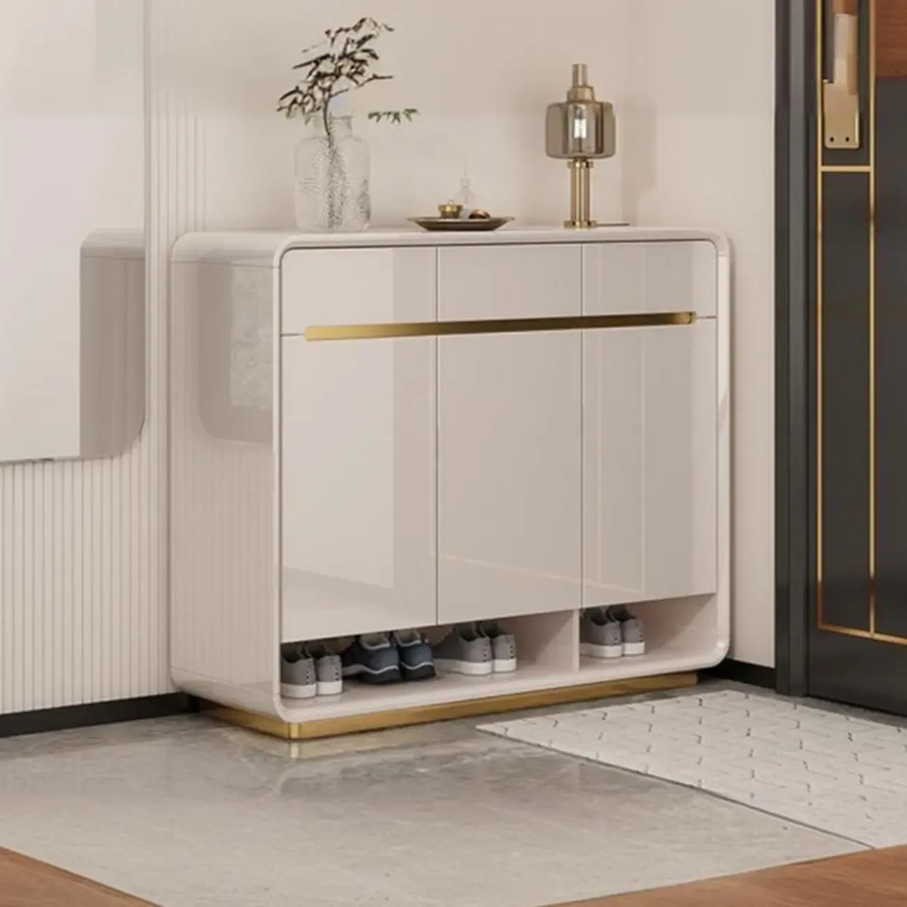 Glam Beige Solid Wood Shoe Cabinet with Display Top