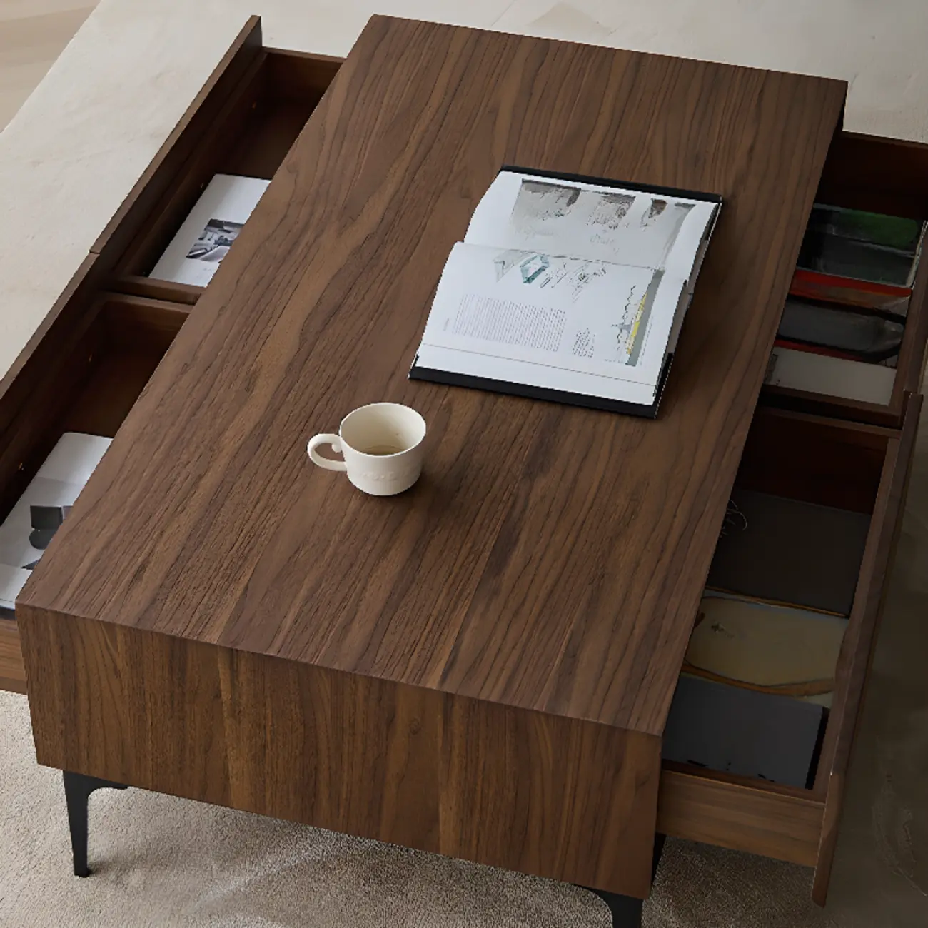 Large Rectangular Waterproof Brown 4-Drawer Wood Coffee Table