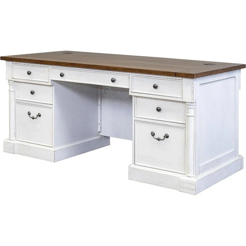 Rustic Wood Double Pedestal Executive Desk, Office Desk, Table, White