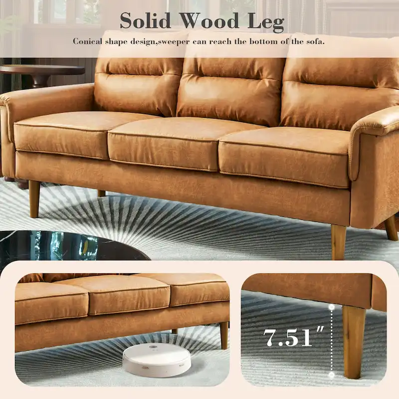 Brown Faux Leather 3-Seater Sofa with Wood Legs