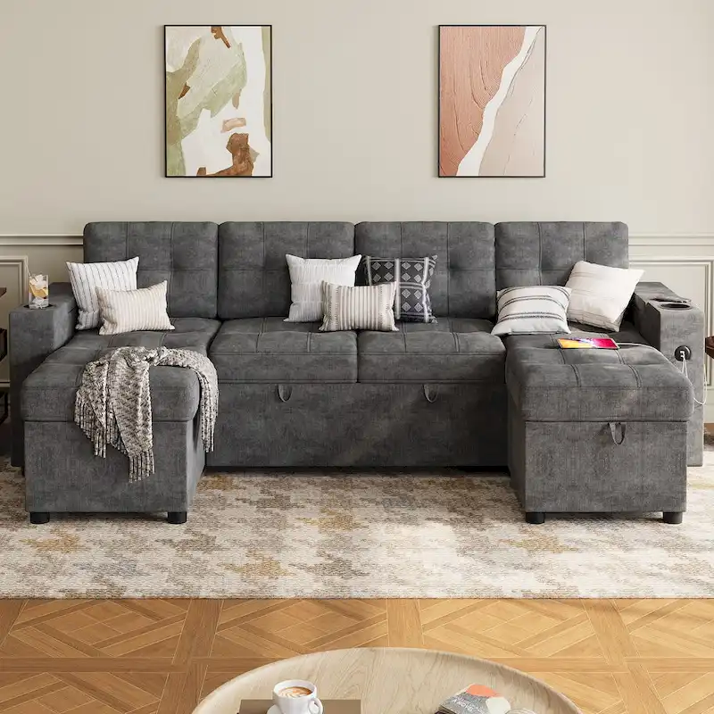 U-Shaped Sectional Sofa with Double Chaise,2 in 1 Pull Out Couch Bed,U-Shaped Sofa Couch Bed,Sleeper Sofa with Pull Out Bed