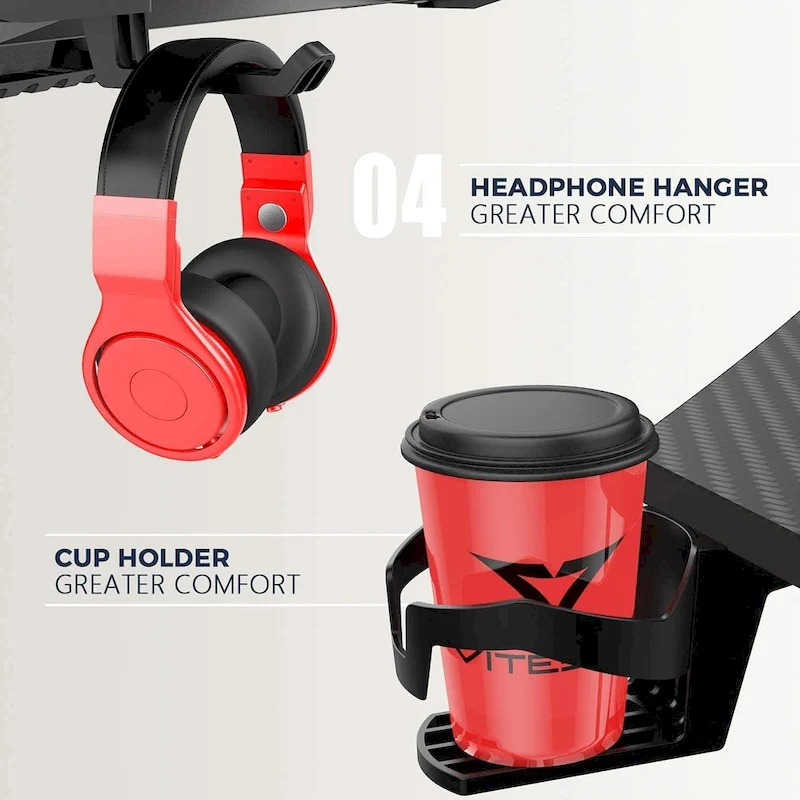 BOSSIN Ergonomic Gaming Desk T-Shaped Office PC Computer Desk with Full Desk Mouse Pad, Handle Rack, Cup Holder Headphone Hook