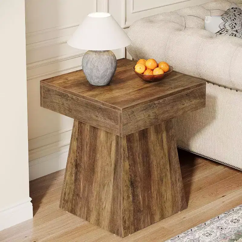 Brown Rustic Square Side Table - Mushroom-Inspired End Table