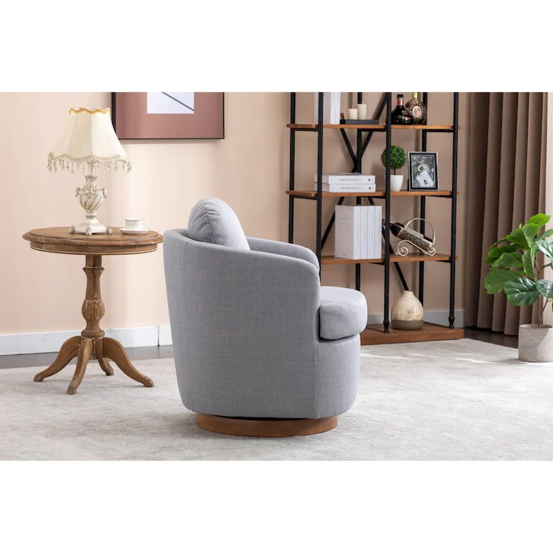 Light Blue Modern 30.3 Upholstered Swivel Accent Chair with Soild Wood Round Brown Base