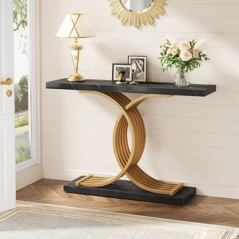 Black/ Gold Modern Sofa Table with Faux Marble Tabletop, 39 Inches Wood Foyer Table with Geometric Metal Legs for Entryway