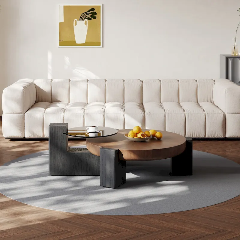 37  Modern Round Nesting Coffee Table,Mid Century Wood Coffee Table, Brown & Black Solid Wood Veneer, Set of 2