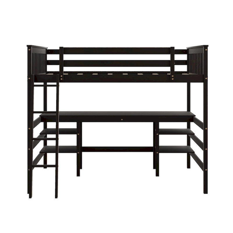 Full Size Loft Bed with Desk and Shelves Wooden Full Loft Bed
