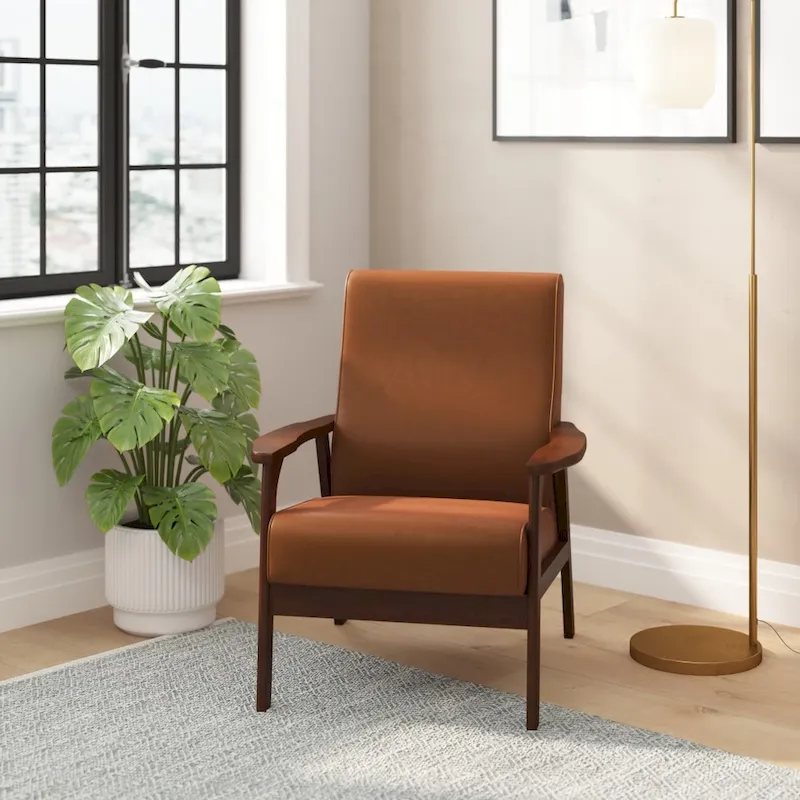 Mid-Century  Armchair with Wooden Frame and Faux Leather Cushions