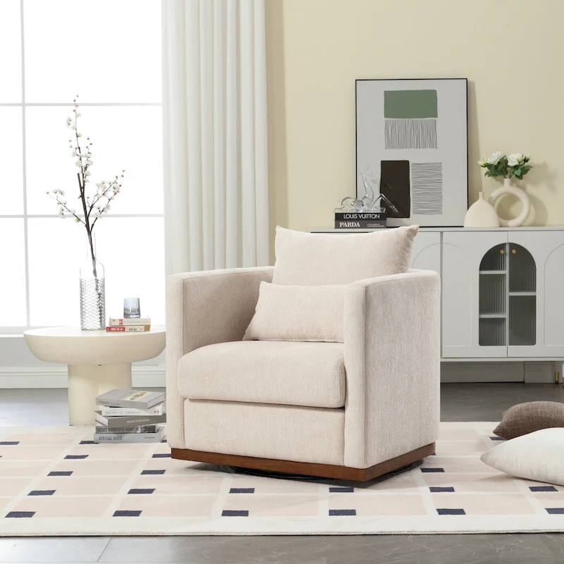 Chenille Upholstered 360 Degree Swivel Round Barrel Chair for Living Room