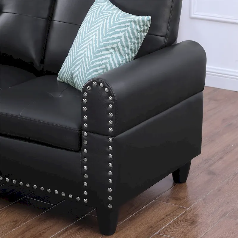 Faux Leather Sectional Sofa with Ottoman and 2 Pillows