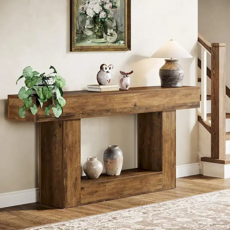 Farmhouse 63 Console Table, 2-Tier Entryway Table Narrow Long Wood Sofa Table