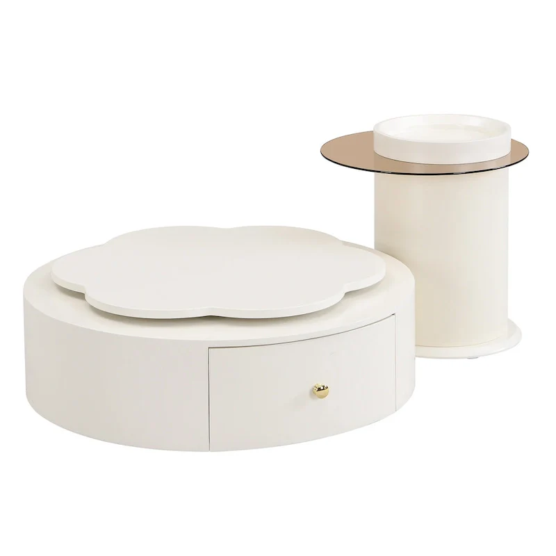Modern Round Coffee Table Set of 2, 360-Degree Rotatable Flower-shaped Top with 2 Drawers, Top Circle Side Table with Glass