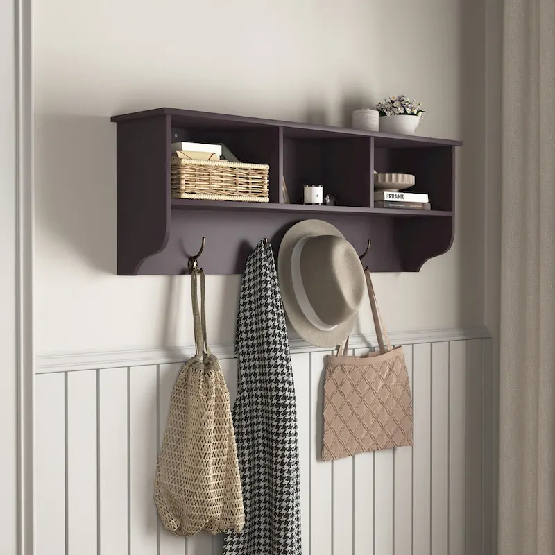 Wall Mounted Coat Rack with 4 Dual Hooks and Wooden Shelf