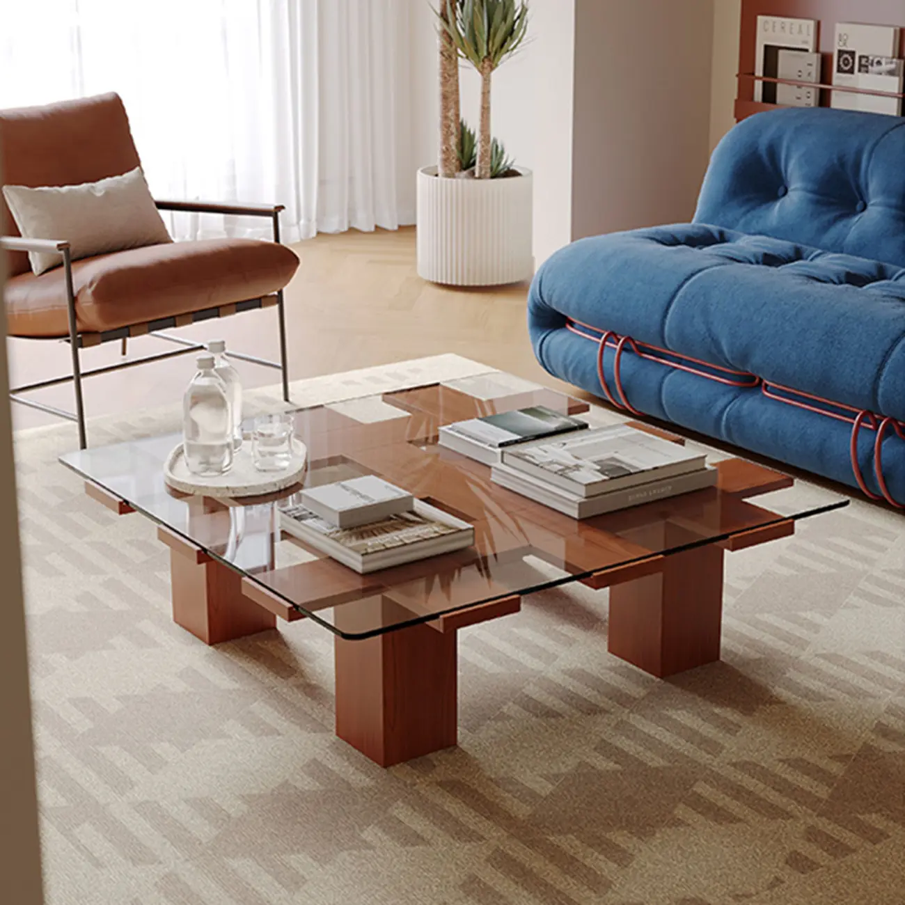 Square Modern Glass Wood Four Legs Coffee Table