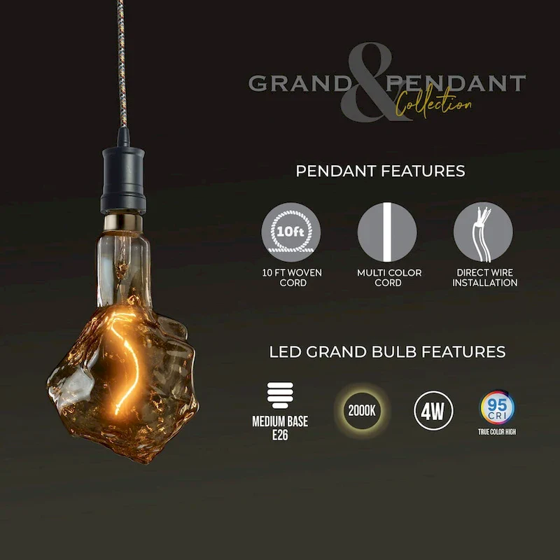 Bulbrite LED Grand Bulb and Pendant Kit of (1) 4 Watt Antique Glass 13  Glacier Shaped Bulb