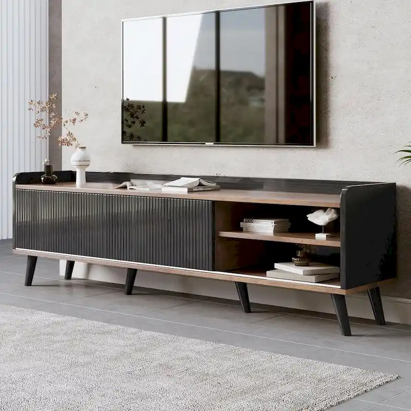 63 Inch Mid Century Modern TV Cabinet Dark Brown Black