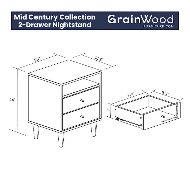 Grain Wood Furniture Mid Century Two-Drawer Nightstand