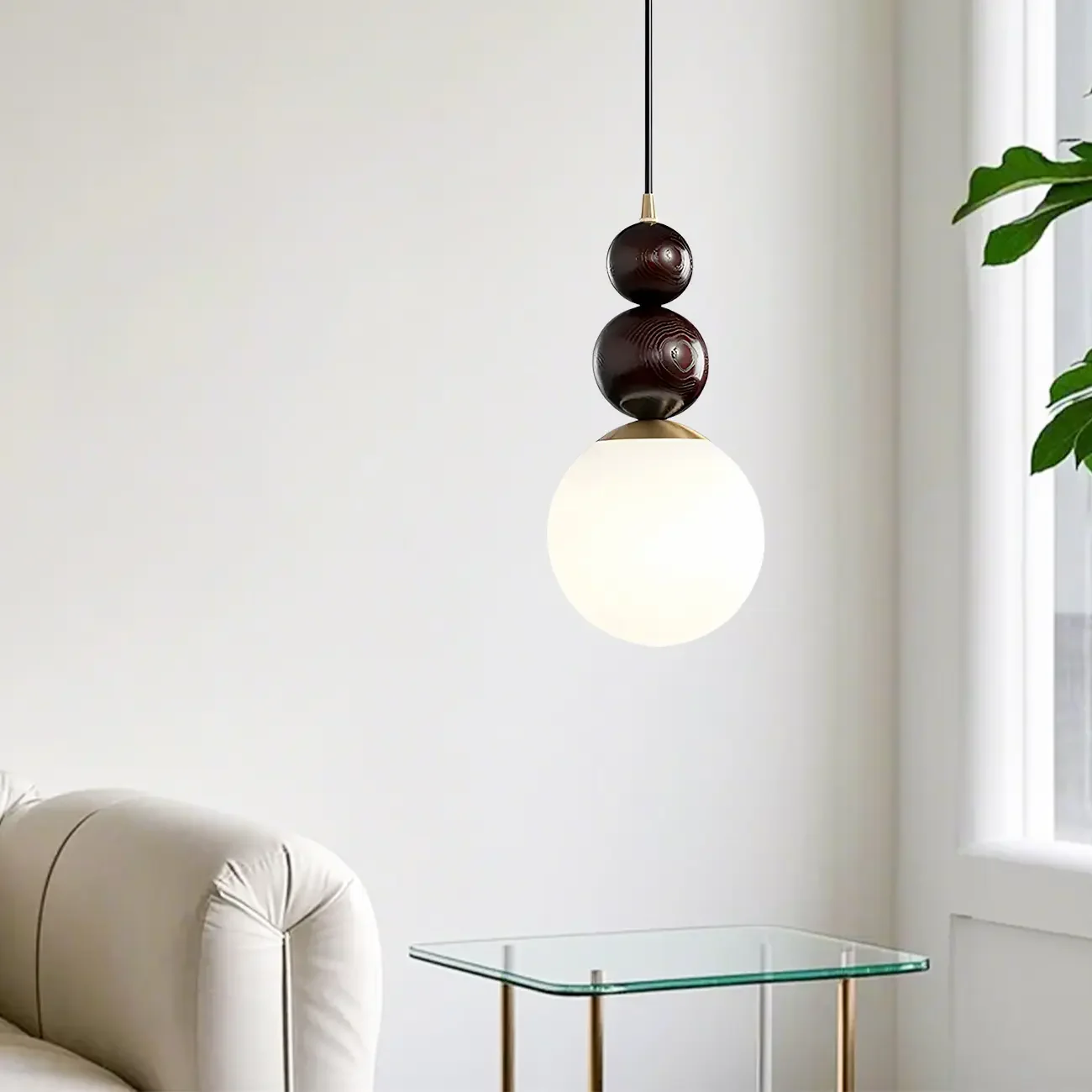 Modern White Glass Globe Pendant Light with Layered Black Bead