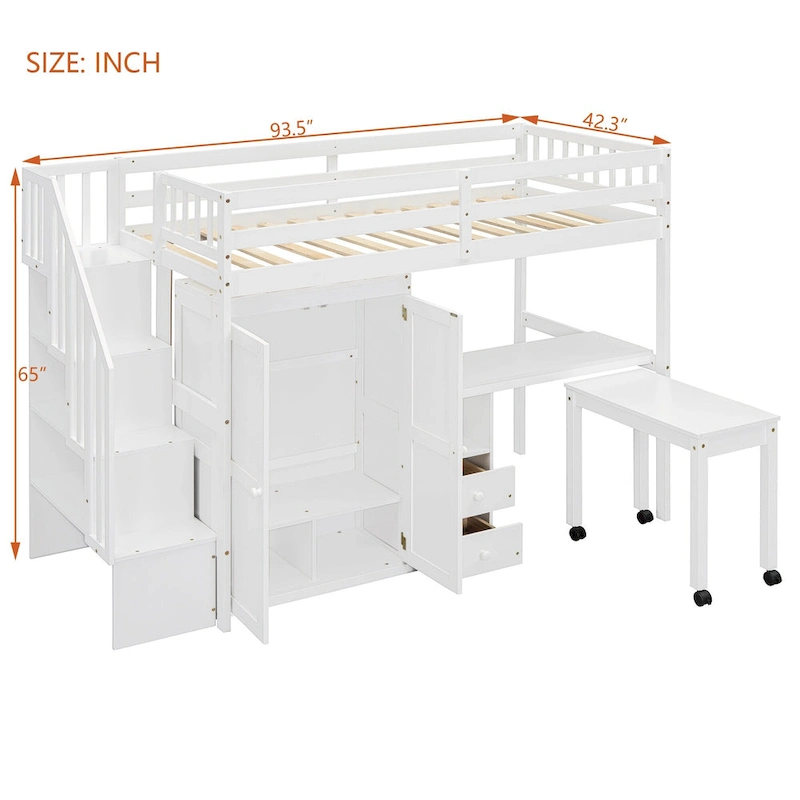 Twin Size Loft Bed with Stairs, Bookshelf, Desk & Wardrobe - Space-Saving Multifunctional Furniture for Kids & Teens-White