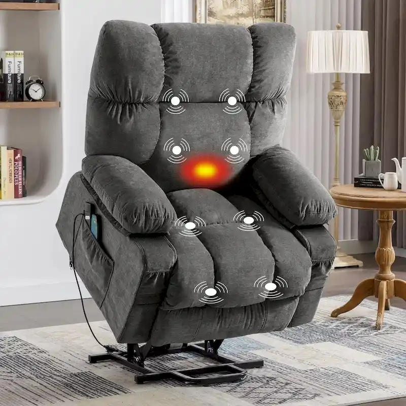 Blue Power Lift Recliner with Heating, Massage, USB Charging, Side Storage, and Remote Control Functionality